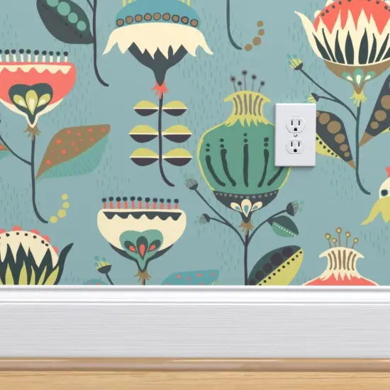 Pre-Pasted Wallpaper 2FT Wide Mod Floral Folk Art Retro Botanical Scandinavian Garden Custom Pre-pasted Wallpaper by Spoonflower {4}