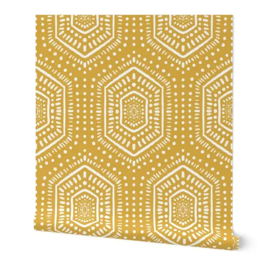 Peel & Stick Wallpaper 2FT Wide Bohemian Mudcloth Hexagon Geometric Sunflower Yellow Textured Look Custom Removable Wallpaper by Spoonflower {7}