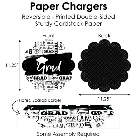 Big Dot of Happiness Black and White Graduation Party Paper Charger and Table Decorations - Chargerific Kit - Place Setting for 8 {6}