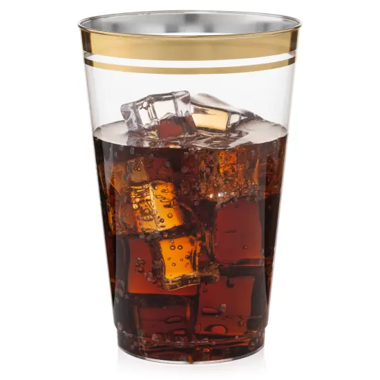 100 Pk 14 oz Clear Plastic Cups | Gold Rimmed Disposable Cups {1}