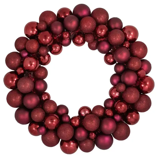 Northlight 3-Finish Shatterproof Ball Christmas Wreath - 24" - Burgundy Red - Unlit {1}