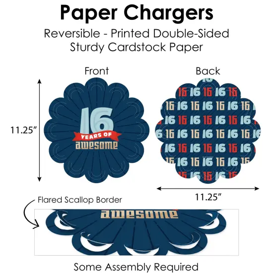 Big Dot of Happiness Boy 16th Birthday - Sweet Sixteen Birthday Party Paper Charger & Table Decorations Chargerific Kit for 8 {6}