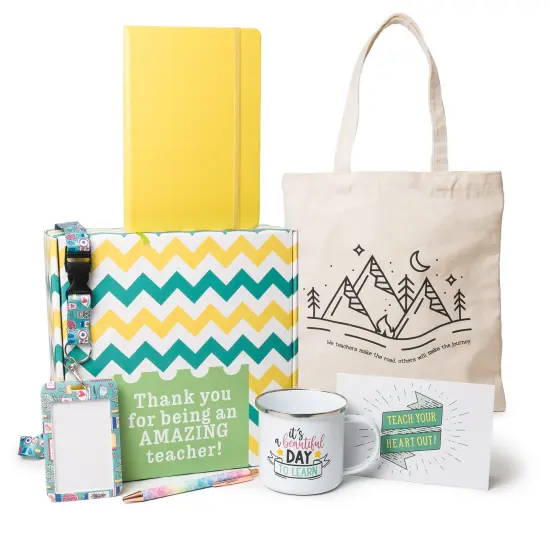 Mabie Swan - Best Teacher Gift Box, Six Elegant Pieces - 12oz Natural Canvas Cotton Tote, 12oz Enamel Mug, PU Leather Notebook, Ballpoint Pen, ID Card Holder, with "Thank You" Card Teacher Gift Set {1}
