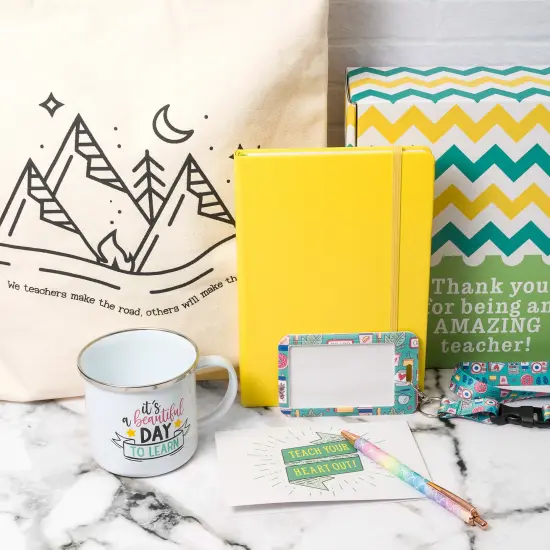 Mabie Swan - Best Teacher Gift Box, Six Elegant Pieces - 12oz Natural Canvas Cotton Tote, 12oz Enamel Mug, PU Leather Notebook, Ballpoint Pen, ID Card Holder, with "Thank You" Card Teacher Gift Set {2}