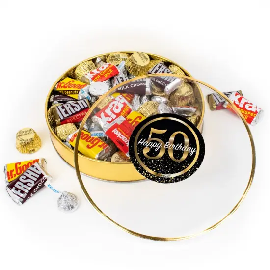 50th Birthday Candy Gift Tin - Plastic Tin with Hershey's Kisses, Hershey's Miniatures & Reese's Peanut Butter Cups - By Just Candy {1}