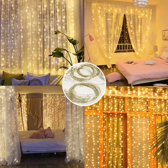 Perfect Holiday 300 LED Curtain Lights Plug In With 8 Light Modes - Copper Wire Warm white {4}