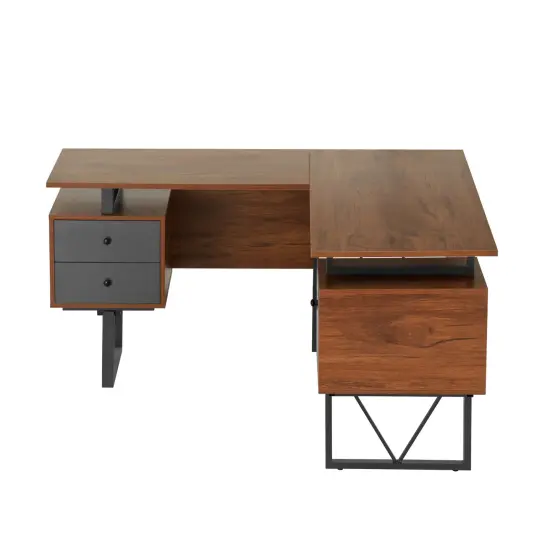 Techni Office Solutions 59" Decorative Reversible L-Shaped Computer Desk with Drawers and File Cabinet Brown {3}