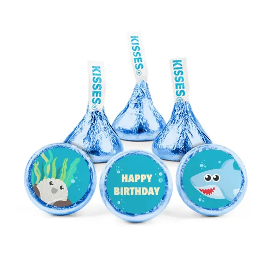 100ct Boy Shark Birthday Candy Party Favors Hershey's Kisses Milk Chocolate (100 Candies + 1 Sheet Stickers) - Assembly Required - by Just Candy {1}