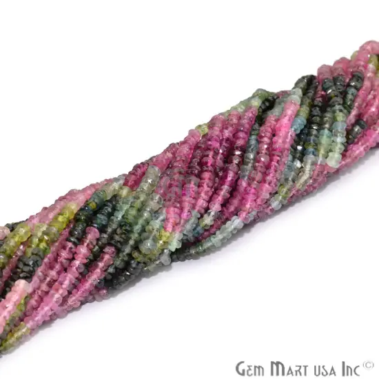Rondelle Beads, 12.5 Inch Bead Strands, Natural Strung Gemstone, 3-4mm, Faceted, GemMartUSA (70002) Tourmaline {1}