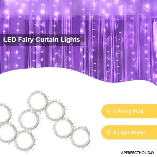 Perfect Holiday 300 LED Curtain String Lights Plug In - 8 Light Modes - Remote Control Included Purple {2}