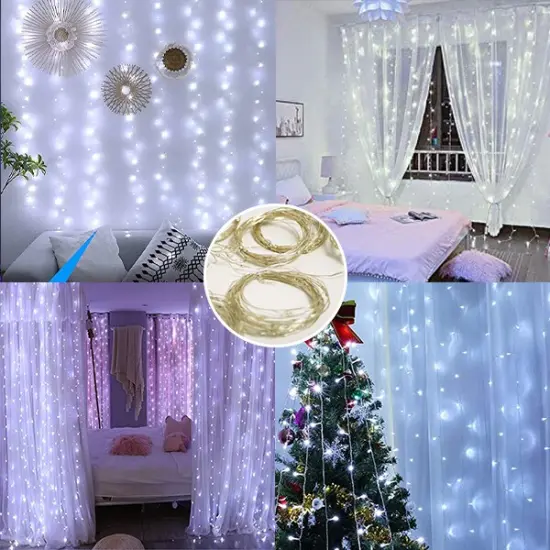 Perfect Holiday 300 LED Curtain Lights Plug In With 8 Light Modes - Copper Wire White {4}