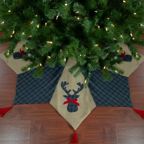 Northlight 48" Blue and Brown Burlap and Plaid Reindeer Christmas Tree Skirt with Tassels {1}
