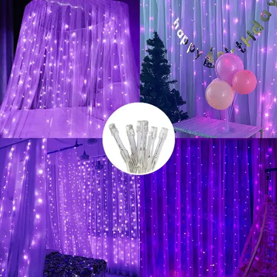 Perfect Holiday 300 LED Curtain String Lights Plug In - 8 Light Modes Purple {4}
