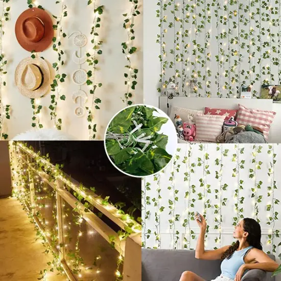 Perfect Holiday 66 LED Ivy Leaf Curtain String Lights Battery Operated - Warm White {4}
