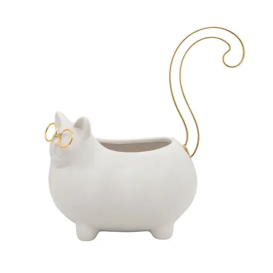 Kingston Living 8" White and Gold Kitty Shaped Ceramic Trinket Tray {3}