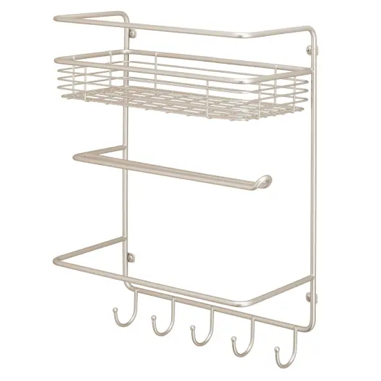 mDesign Metal Wall Mount Paper Towel Holder with Storage Shelf & Hooks {4}
