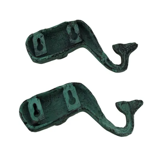Set of 2 Verdigris Finish Sperm Whale Cast Iron Wall Hooks {4}