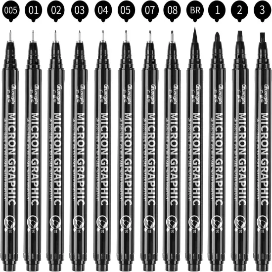 12 Size Black Micro-Pen Fineliner Ink Pens, Waterproof Archival Ink Fine Point Micro Drawing Pens for Art Watercolor, Sketching, Multiliner, Anime {1}