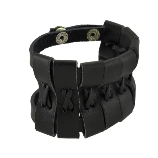 Black Leather Double Snap Wrap Bracelet Wrist Band Wristband {1}