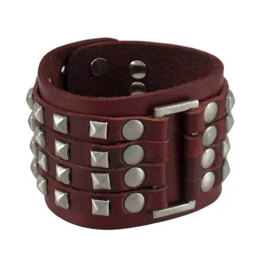 Brown Leather 4 Row Chrome Pyramid Stud Wristband {1}