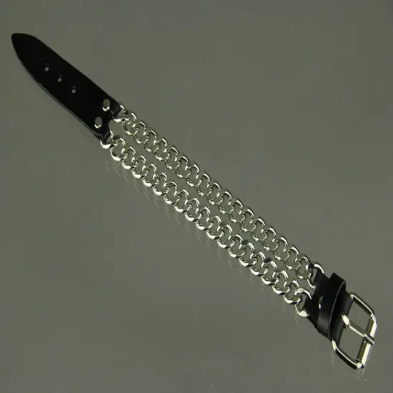 Double Row Curb Link Bracelet With Black Leather Clasp {2}