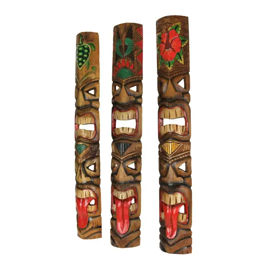 Set of 5 Double Tiki Mask Totem Wall Decor Hand Carved Tribal Sculpture 40 Inch {3}