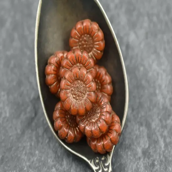 *12* 13mm Dark Bronze Washed Orange Opaline Sunflower Coin Beads {3}