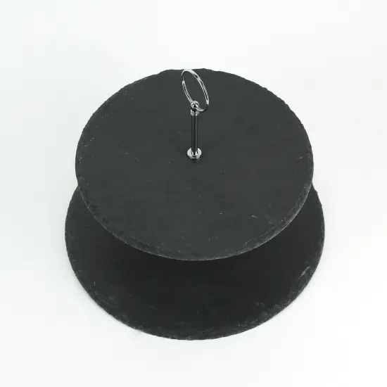 Two Tier Round Slate Stone and Chromed Metal Country Farmhouse Serving Tray {3}