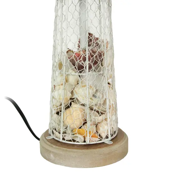 White and Grey Metal Mesh Seashell Filled Lighthouse Table Lamp with Cone Shade {3}
