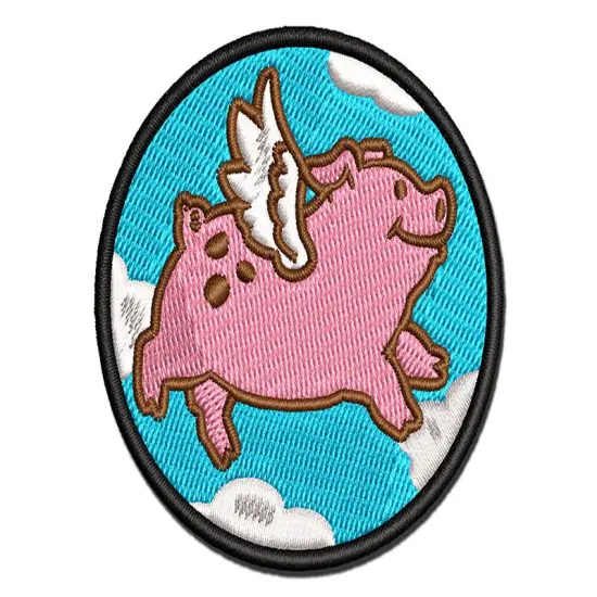 Flying Pig with Wings Multi-Color Embroidered Iron-On or Hook & Loop Patch Applique {1}