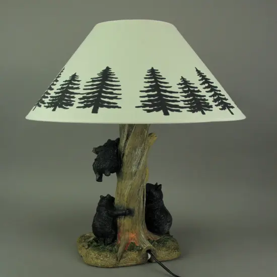 Playful Black Bears Climbing Pine Tree Rustic Table Lamp with Nightlight Base {4}