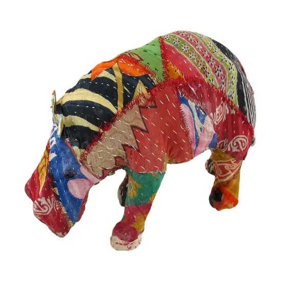 Vintage Sari Fabric Decorated Paper Mache Hippo Sculpture 6 in. {3}