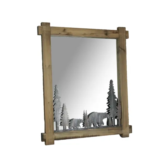 26 Inch Black Bears Wood And Metal Wall Mirror Decorative Forest Bathroom Decor {1}