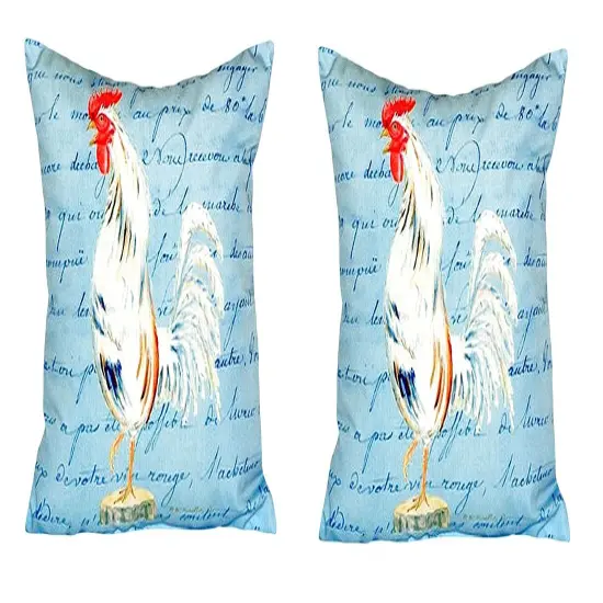Pair of Betsy Drake White Rooster Script No Cord Pillows 18 Inch X 18 Inch {1}