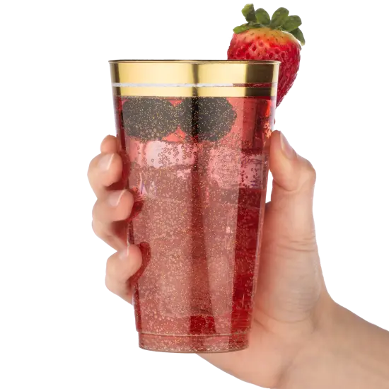 100ct. Cups Glitter-Gold Rim Plastic Disposable Glasses, Elegant Parties, Special Events, Weddings 12, 14, or 16 oz. {10}