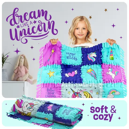 Pretty Me Unicorn Tuck N' Tie Fleece Blanket Kit - DIY Crafts for for Girls Ages 6+ Year Old - Best Arts & Craft Girl Gifts Ideas - No Sew Blanket Making Kit - Kids Crafts Gift Toys Kits {6}