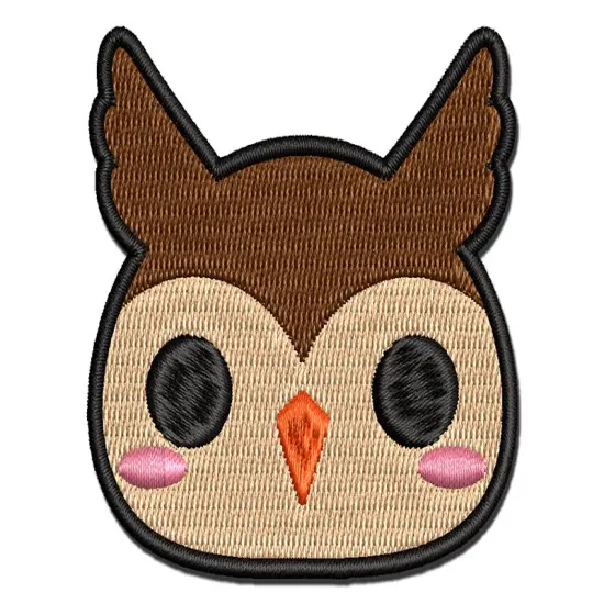 Charming Kawaii Chibi Owl Face Blushing Cheeks Great Horned Multi-Color Embroidered Iron-On or Hook & Loop Patch Applique {1}