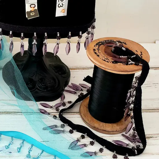 Velma Beaded Raindrop Fringe Trim Black/Blue {3}