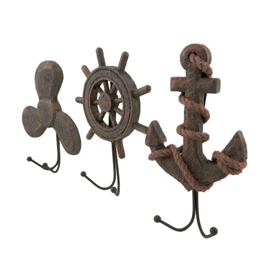 Set of 3 Weathered Finish Anchor Prop and Wheel Nautical Wall Hooks {3}