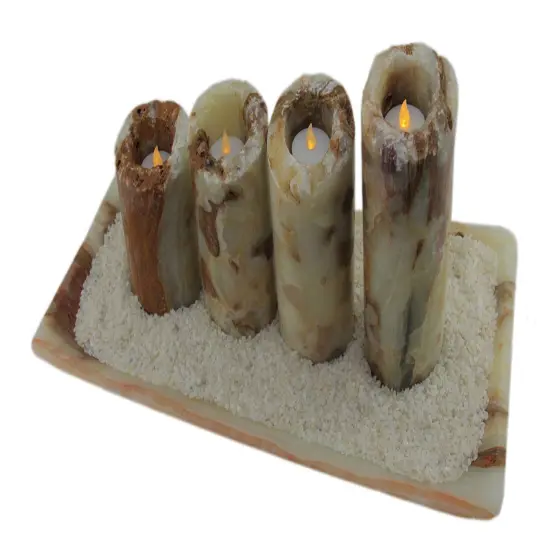 Red and White Marble Artisan Hand Crafted 5 Piece Marble Candle and Tray Set {3}