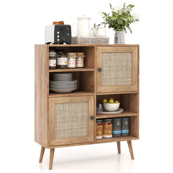 Costway Rattan Buffet Sideboard Accent Storage Cabinet Coffee Bar Cabinet Doors Cubbies {1}