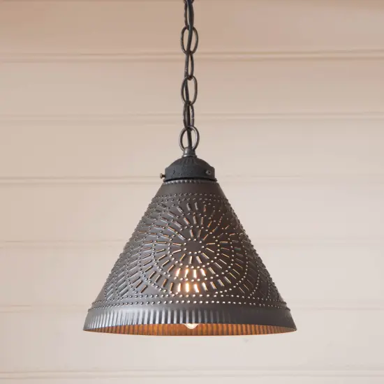 Wellington Shade Light Pendant in Kettle Black Perforated Tin {3}