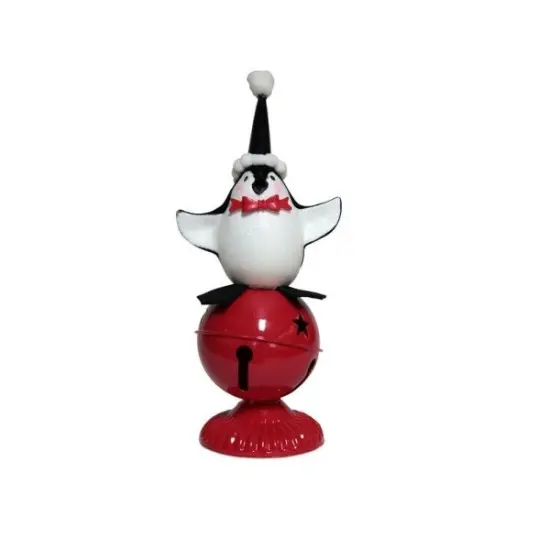 Melrose 11" Playful Glittered Black and White Penguin Standing on Large Red Jingle Bell Christmas Table Top {1}