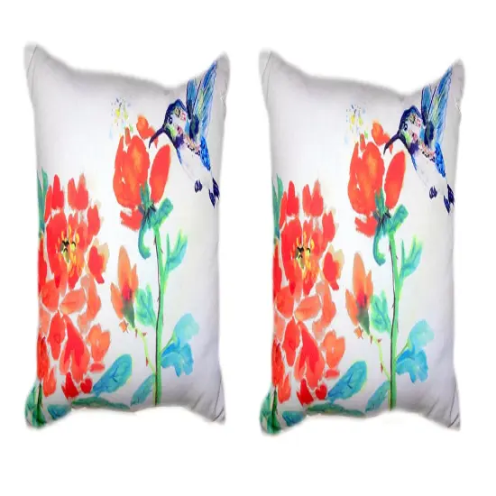 Pair Of Betsy Drake Hummingbird & Red Flower No Cord Pillows 16 X 20 {1}
