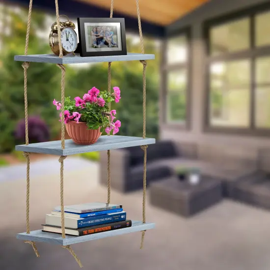Sorbus 3-Tier Rustic Wood Hanging Rope Storage Shelves {4}