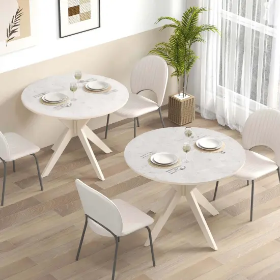 Costway Round Dining Table 36" Faux Marble Tabletop Rubber Wood Legs Kitchen White/Black {5}