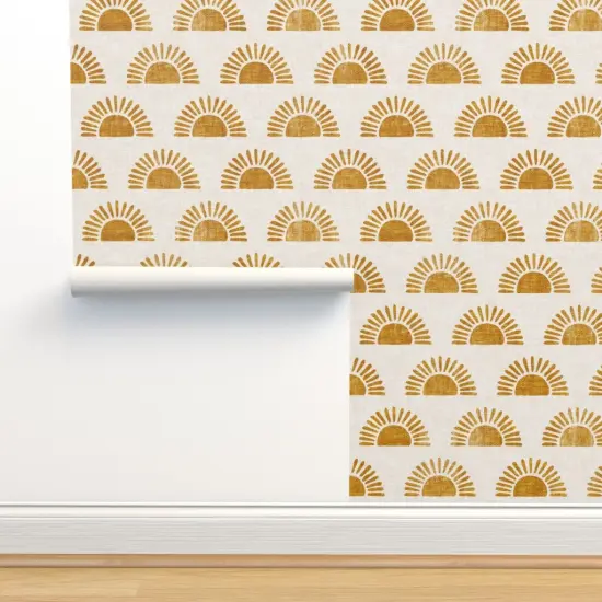 Pre-Pasted Wallpaper 2FT Wide Boho Block Print Sun Sunshine In Golden Orange Custom Pre-pasted Wallpaper by Spoonflower {2}