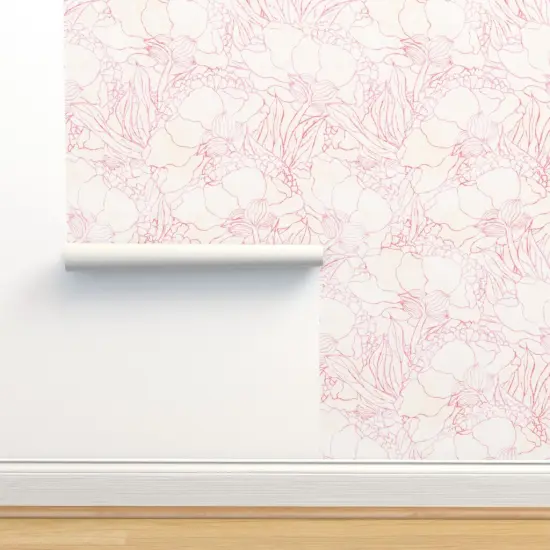 Peel & Stick Wallpaper 2FT Wide Pink Flower Floral Blossom Outline Peony Botanical Light Pat Custom Removable Wallpaper by Spoonflower {2}