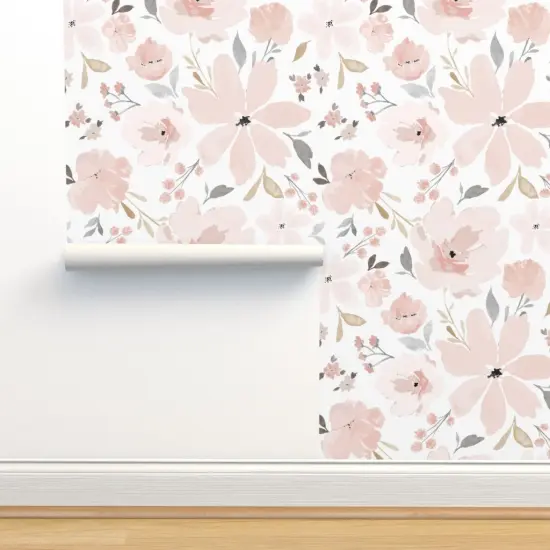 Pre-Pasted Wallpaper 2FT Wide Pastel Floral Blush Pink Peach Flowers Jumbo Scale Feminine Watercolor Custom Pre-pasted Wallpaper by Spoonflower {2}