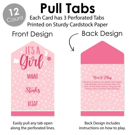 Big Dot of Happiness Baby Girl - Pink Baby Shower Game Pickle Cards - Conversation Starters Pull Tabs - Set of 12 {4}